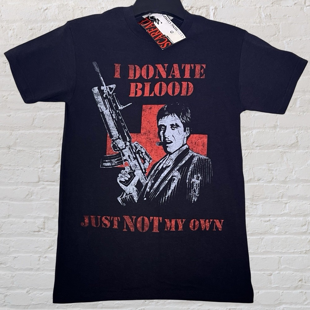 Retro Scarface Movie‎ I Donate Blood Graphic Tee Black Size S Tony Montana NWT